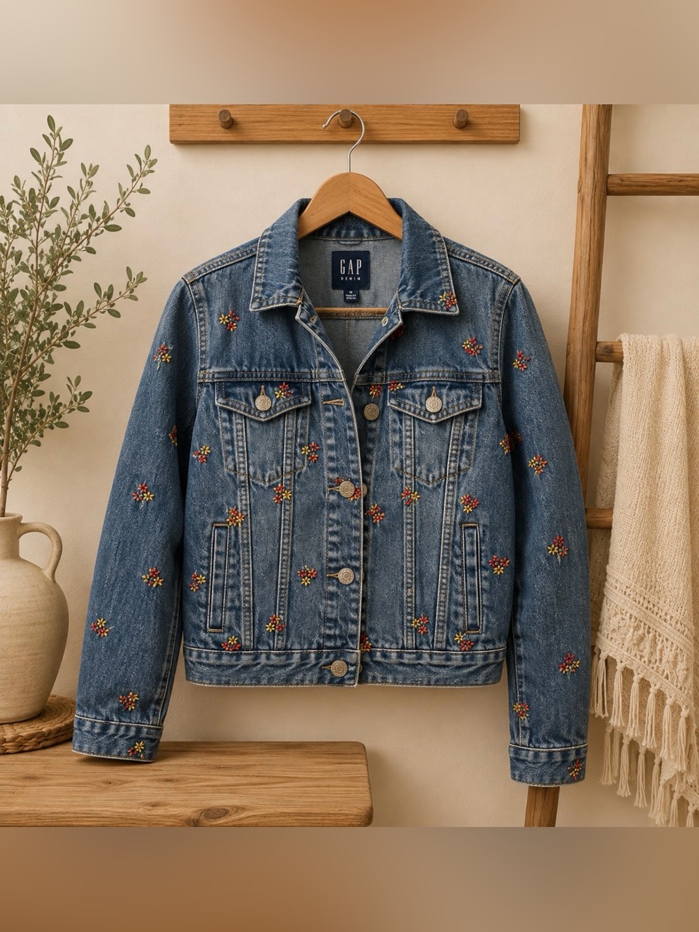 Gap size medium blue embroidered floral denim jacket